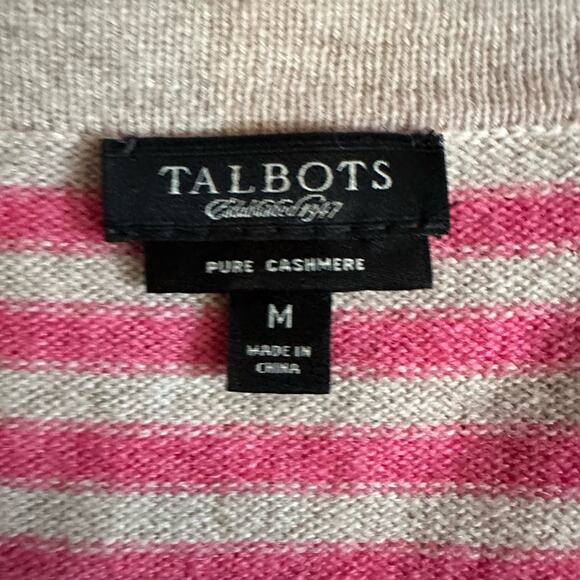 Talbots Sweater Medium 100% Pure Cashmere Cardigan Tan Pink Striped Long Sleeve - Picture 4 of 13